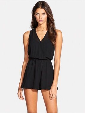 ASTR Black Chiffon Sleeveless Romper | XS | Flowy V-Neck Mini